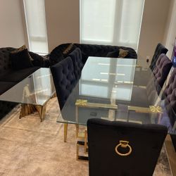 Luxury Black & Gold Living + Dining Set – Sofas, Table, Chairs, Ottomans