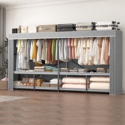 Caulitar 95% Assembled 96" L Heavy Duty Wardrobe Closet, Premium Extra Large Strong Heavy Duty Clothes Rack with Cover,Portable Foldable Freestanding 