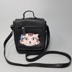 Vintage Black And Pink Cat Crossbody Faux Leather With Front Zipper And Handle