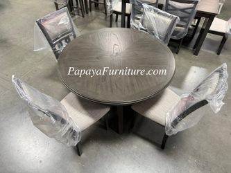 NEW 5 Piece Round Dining Table and Chair Set Grey Wood Gray Style Kitchen Open Shelf Storage BIG Solid SALE 5PC 5 PC Contemporary Modern Discount