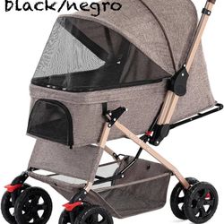 Pet Dog Stroller for Cats and Dog Four Wheels Carrier Strolling Cart with Weather Cover, with Storage Basket for Small Medium Dogs & Cats