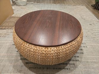 Tampa Solid Wood Coffee Table Round Wicker Opens with Storage