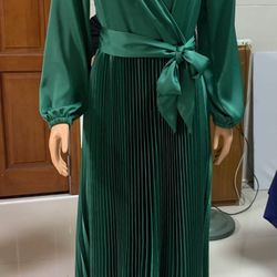 Pleated Satin Abaya Full Sleeve Women Maxi Dress Muslim Modesty  Elegant Robe size L