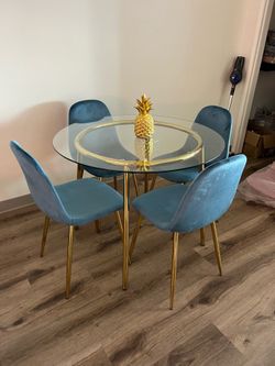 Round Kitchen Table Set – Gold Legs Velvet Chairs