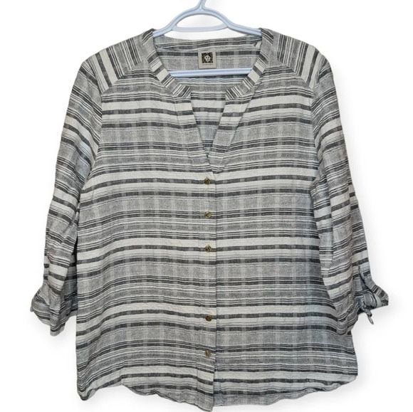 Anne Klein Linen Cotton 3/4 Sleeve Striped Black White Button Down Top