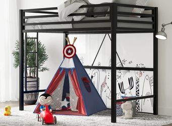 Junior Loft Bed Twin Size, Heavy Duty Twin Bed Frame with Full-Length Guardrail & Removable Stairs, Noise-Free,