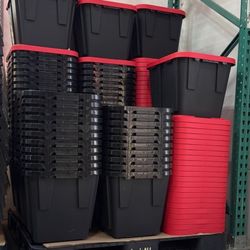 12 GALLON HEAVY DUTY STORAGE BINS – COSTCO BLACK TOTES W/ RED LID – $5 EACH