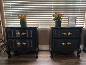 French Provincial Nightstands – Solid Wood, Satin Black w/ Gold Hardware (Pair)