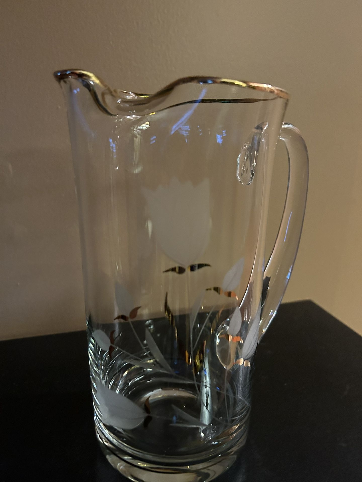 Mid Century Glass Pitcher With Frosted Flowers/ Gold Trim.