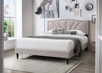 Queen size gray tufted bed with orthopedic mattress included