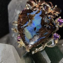 Australian Boulder Opal  And Amethyst Sterling Silver With 14k Rose Gold Accents 