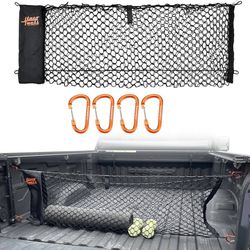 Truck Bed Cargo Net - Upgraded 5mm Bungee - USA Company - 4 Carabiners - Mesh Pouch Style Organizer for Groceries, Bags, Tools, Boxes, Accessories - 1