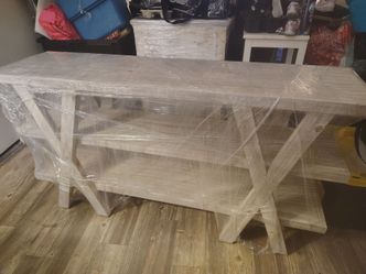 Gray Wood Console Table w/ Shelves, Rectangular, X-Frame Supports, Indoor