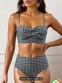 Two-Piece Plaid Print High Waist Shorts Bikini Swimsuit Set - 