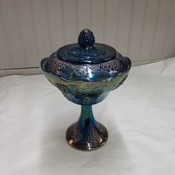 Vintage Blue Carnival Glass Candy Dish Pedestal w/Lid - Located In Shelton 