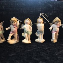 Set Of 6 Bisque Angel Ornaments