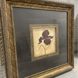Framed artwork of a dark red iris by artist Laurel Lehman 30”