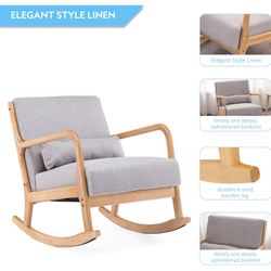 YOLENY Fabric Rocking Chair,Mid-Century Glider Rocker with Padded Seat, with Ottoman,Seat Wood Base,Linen Accent Chair for Living Room,New,Grey