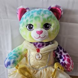 Build A Bear Disney yellow gold dress. Lisa Frank leopard cat rainbow pink neon. 18" tall 