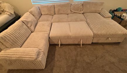 *  Plush Cream Corduroy Modular Sectional Sofa - Pull-Out Bed & Storage Chaise