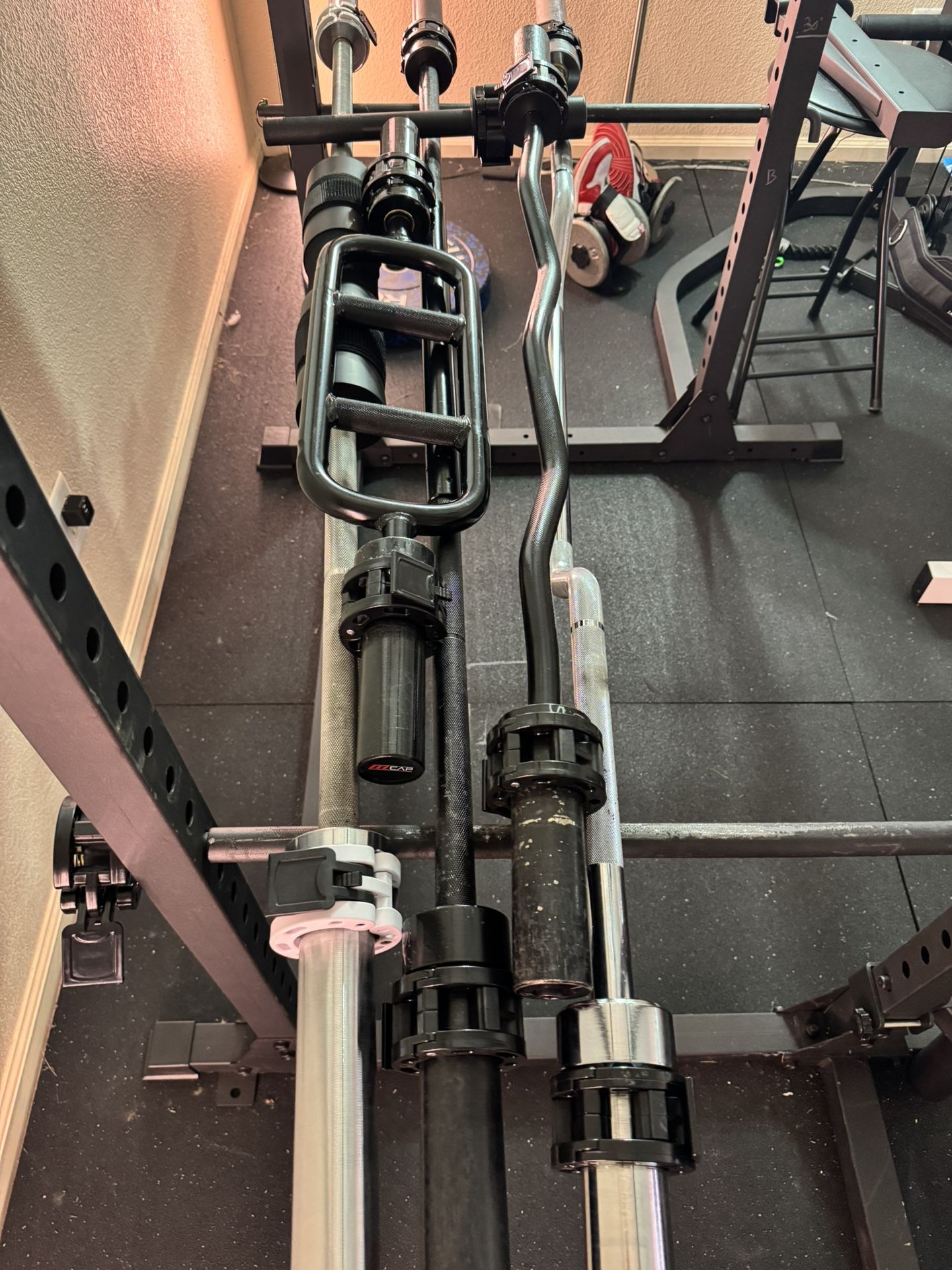 5 Olympic Bars – Rogue Ohio, Titan Cambered, CAP 30lb & Triceps Bar
