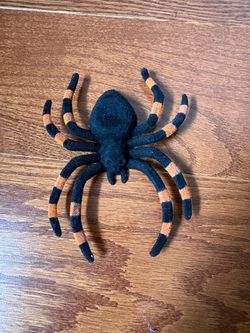 Vintage Flocked Halloween Spider Prop Orange Black Striped Tarantula Decoration