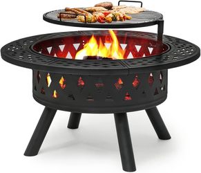 V102 $110  38" Wood Burning Fire Pit Metal Backyard Patio Round Table Outdoor Heating and Cooking Grill Rack Grate for Garden Picnic Camping Bonfire, 