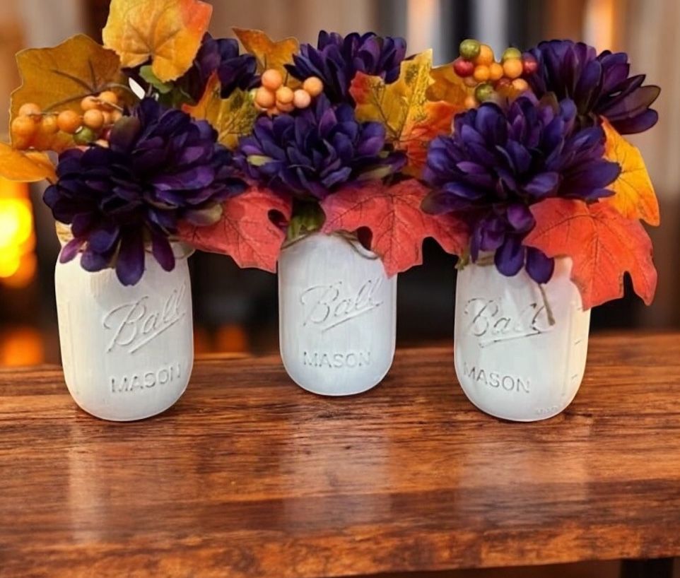 Chalk painted mason jar gift wedding - PURPLE ORANGE GOLD mums fall