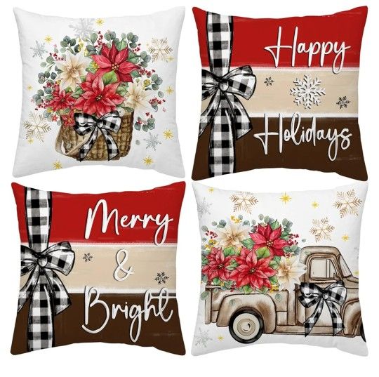 Merry Christmas Pillow Covers 18 x 18 mas Poinsettia Floral Red Berries Truck Happy Holiday Cushion Case Decorations for Couch Sofa Set of 4