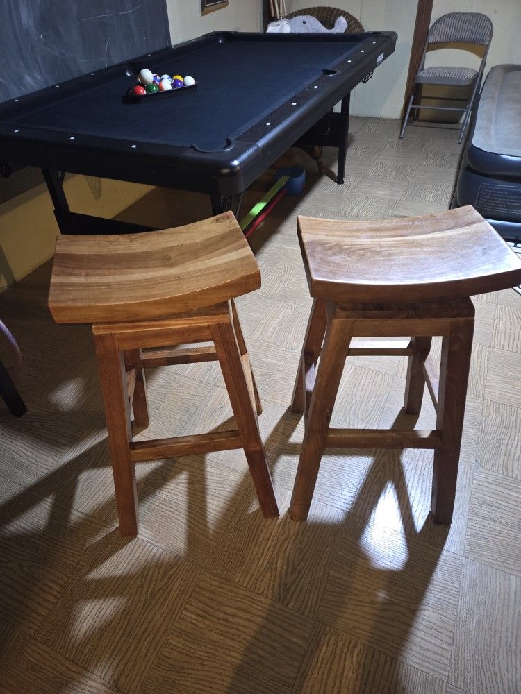 Two Heavy Wooden Rotating Seat Bar Kitchen Stools
