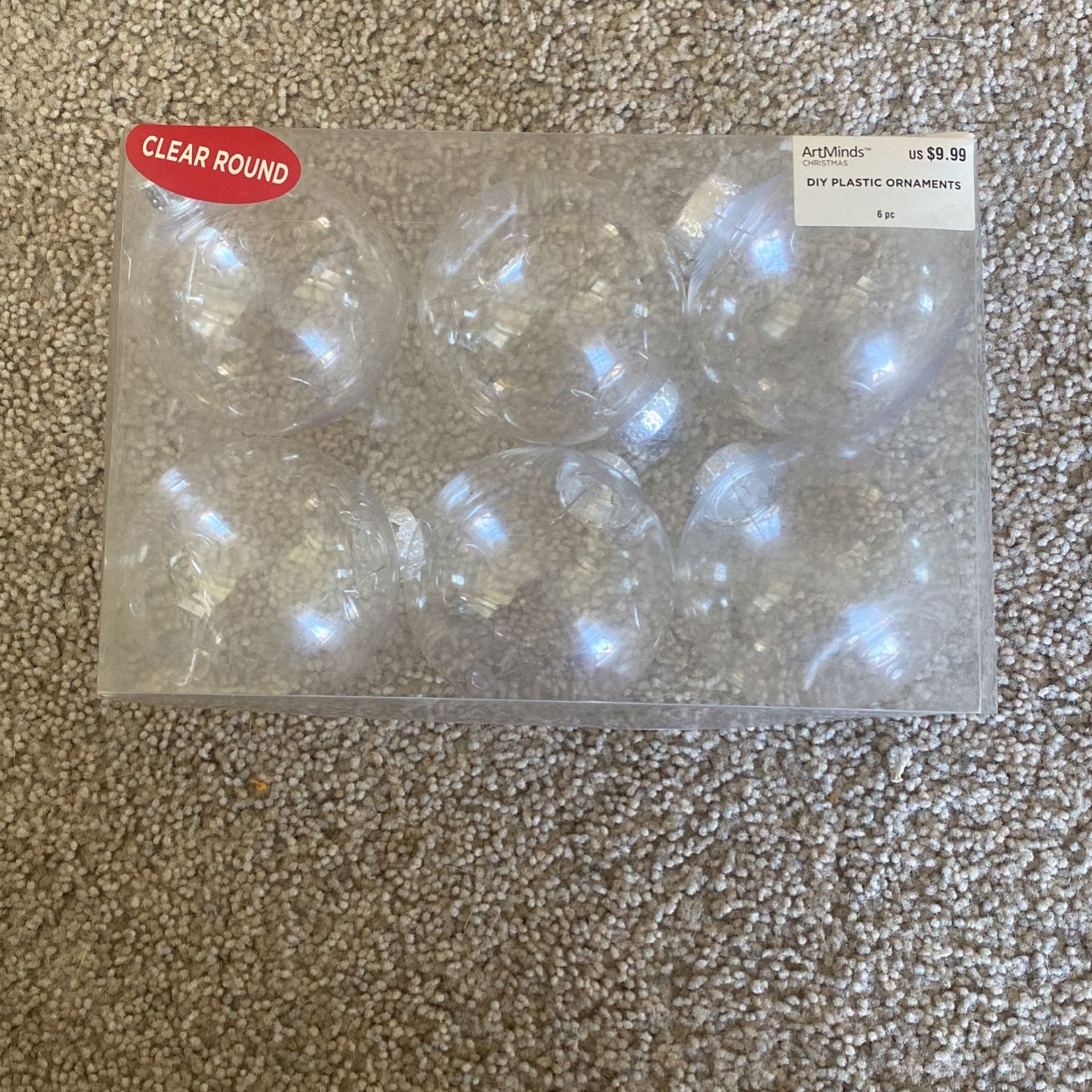 New 6 Pack Clear Round DIY Plastic Ornaments