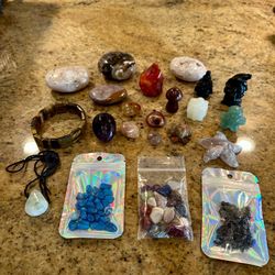 Crystal Collection Includes Unakite Frog, Carnelian Flame, Fluorite Egg, Carvings, Palm Stones, Tumbles, Chips, Tigers Eye Bracelet, Necklace and More