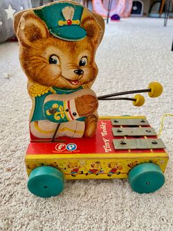 Vintage 1962 Fisher Price Wood “Tiny Teddy” pull toy baby toddler
