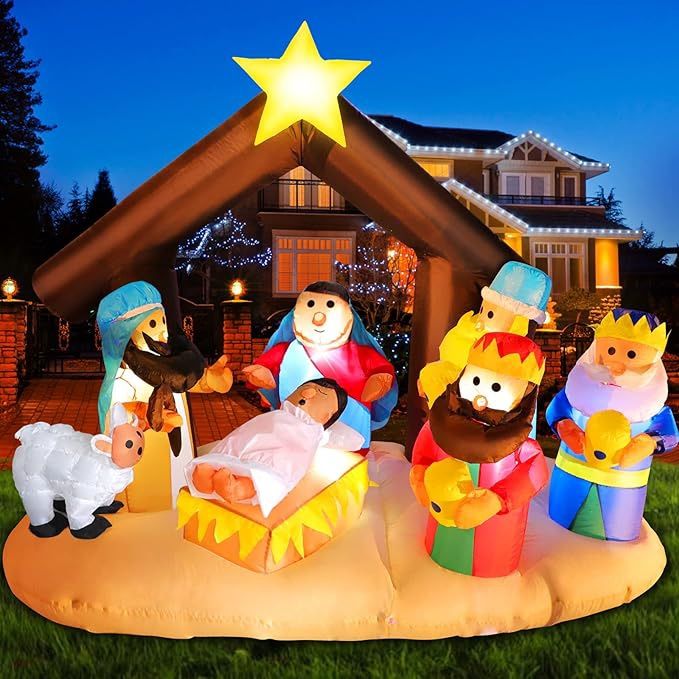 Christmas Inflatable Nativity NACIMIENTO Scene Baby Jesus Parents Three Wise Men Sheep Star, 5.3FT Long Manger Set Indoor & Outdoor Decorations,