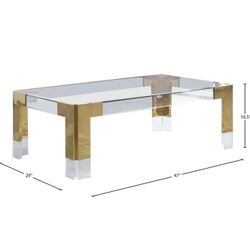 Contemporary Glass Top Coffee Table with Sturdy Stainless Steel and Acrylic Base, 47" W x 29" D x 16.5" H, Gold