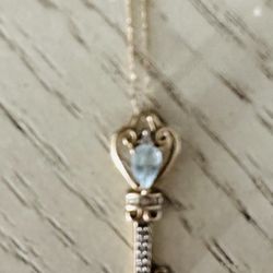 Brand New Genuine Aquamarine & Diamond Key Necklace w/ Attached 14k Gold Chain!