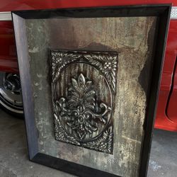 Vintage Style Embossed Metal & Wood Wall, Elegant and Rustic Framed Wall Decor
