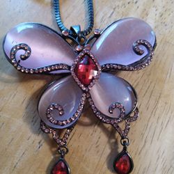 Large Chatoyant Butterfly Necklace w/ Red And Pink Crystal Accents And Blackened Chain
