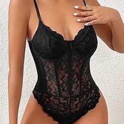 Women's Lace Sheer Mesh Floral Bodysuit Sleeveless Slim Fit Bodysuit