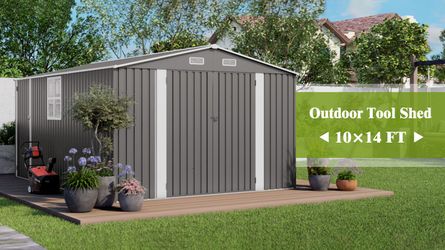 10x14 FT Outdoor Metal Storage Shed, Durable Garden Shed with Three Lockable Doors and Clear Window for Backyard, Patio, Garden, All-Weather Shelter f