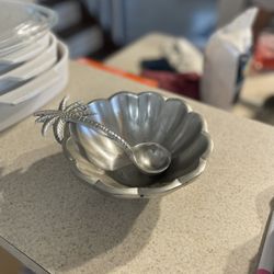 Pewter Nut Bowl With Palm Tree Spoon 