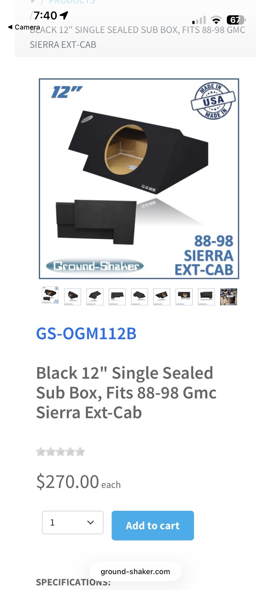 Black 12" Single Sealed Sub Box, Fits 88-98 Gmc Sierra Ext-Cab