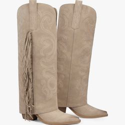 Women's Knee High Cowboy Boots Cowgirl Fold Over Fringe Boots for Women Western Embroidery Pointy Toe Chunky Block High Heel with Half Zipper for Coun