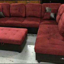Brand New Red Microfiber Sectional With Storage Ottoman 