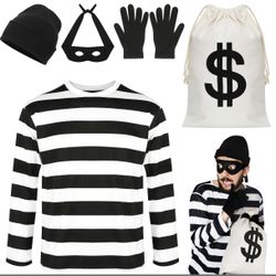Robber Costume Set, Large Unisex Thief Cosplay T Shirt Beanie Cap Gloves Eye Masks Money Bags For Halloween