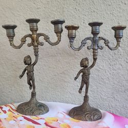 Vintage Pair Brass Tone Painted Cast Metal Cherub Candelabras