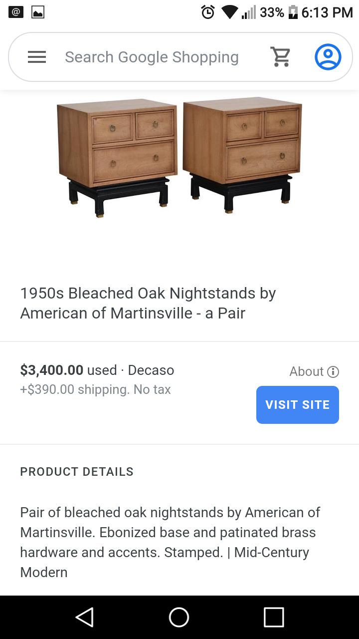 only one 1950s Bleached Oak Nightstand by American of Martinsville Ebonized base and painted brass hardware and accents. Stamped