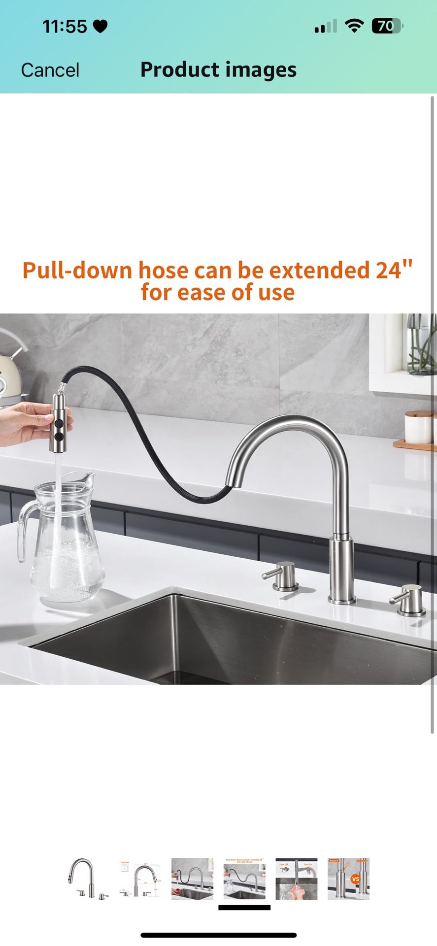 RULIA Brand, Double Handle Kitchen Faucet, 3 Holes Sink Faucet, Pull Down, Brushed Nickel, Stainless Steel, RB1063