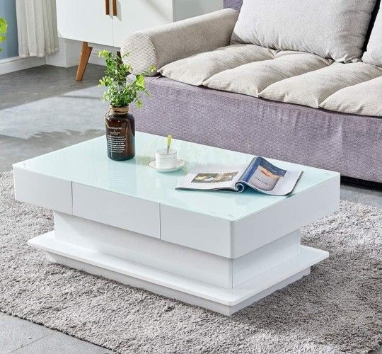 Modern White High Gloss Coffee Table with 2 Storage Drawers