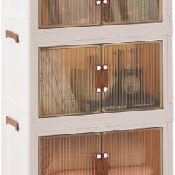 16 Gal Stackable Storage Bins with Lid, 3 Pack Plastic Collapsible Storage Cabinet, Foldable Folding Box Organizer/Storage Container Cart with Wheel a